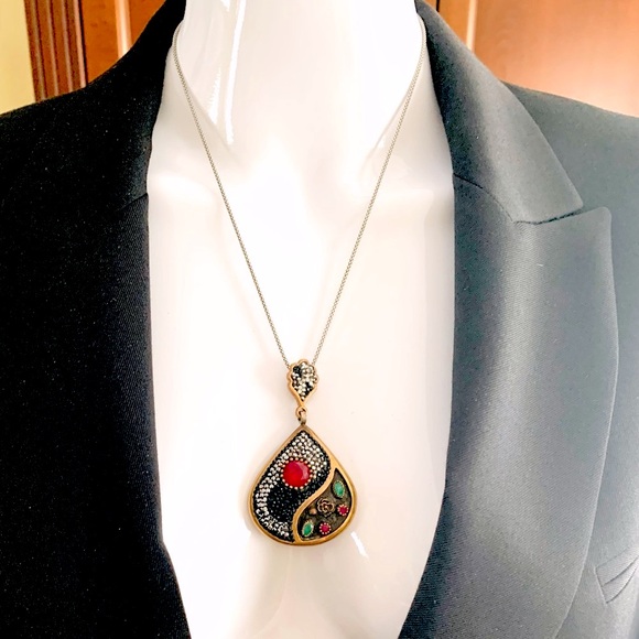 Stunning silver pendant fuchia & green semi-precious stones & shiny rhinestones - Picture 2 of 15